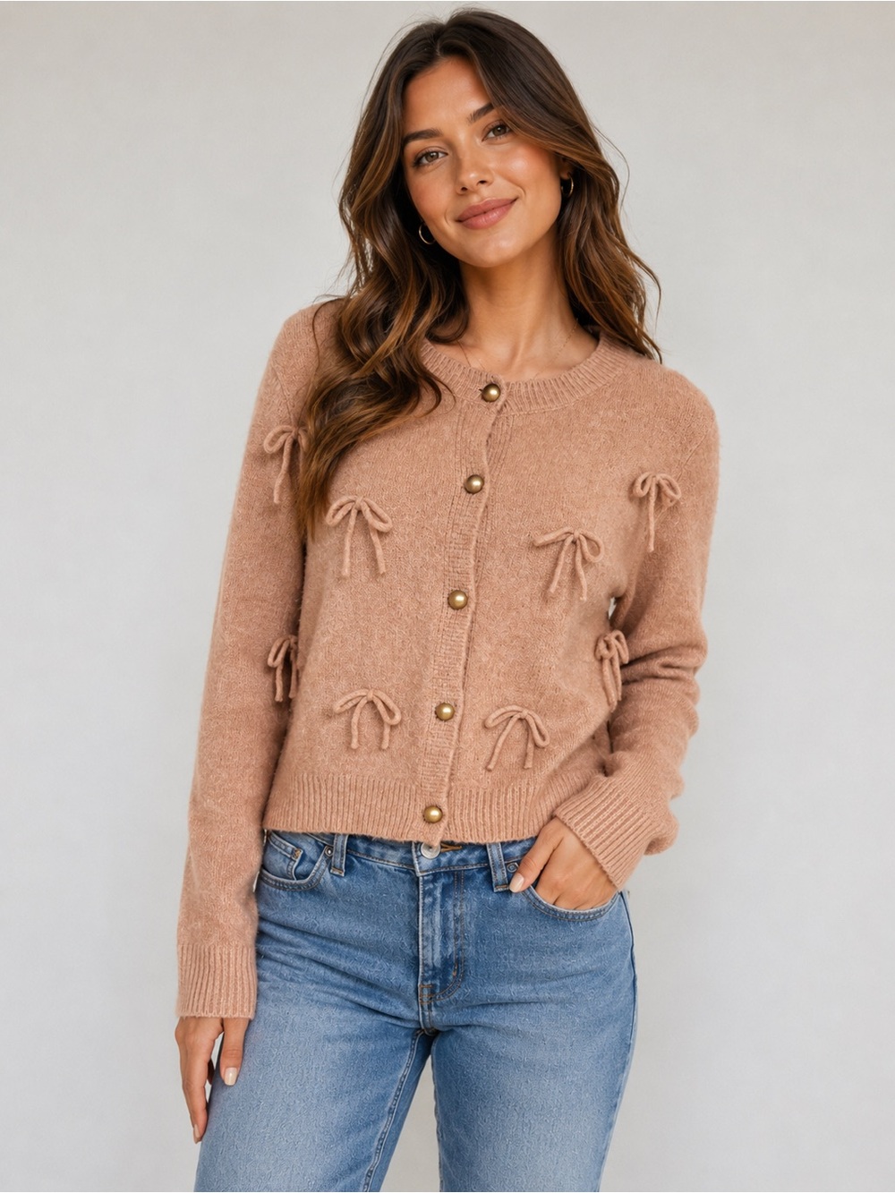 Threaded Leaf Women's Bow-Accent Pink Knit Cardigan Sweater